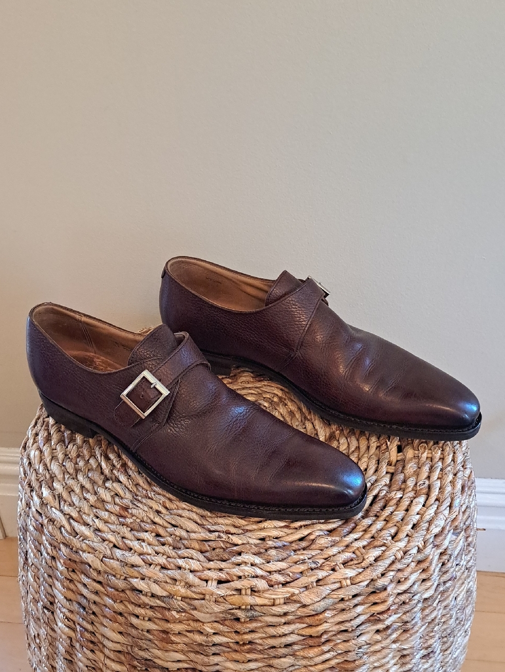 Crockett & Jones‎ Mens Saville Brown Pebbled Leather Monk Strap Dress Shoes 11D
